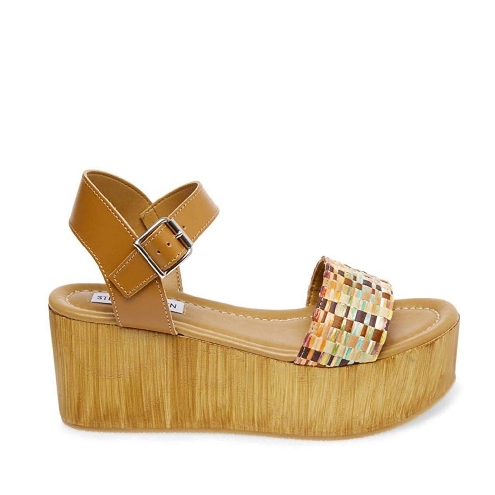 Steve Madden Wooden Platform Rainbow Sandals- Captivate in Cognac Multi